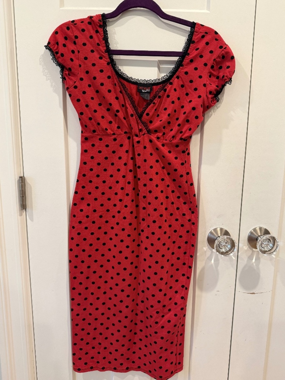 Switchblade Stiletto red polka dot wiggle dress, Small